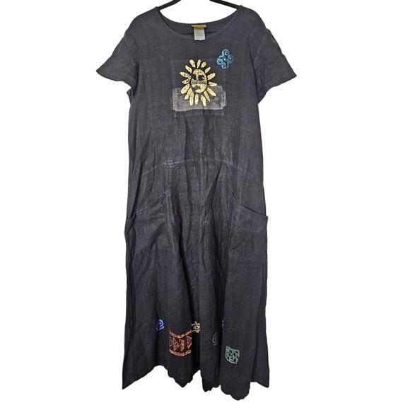 Vintage 90s Blue Cactus L Black Full Length Linen Lagenlook Dress Whimsygoth - Picture 1 of 6